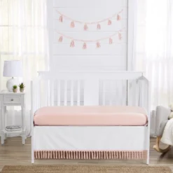 Sweet Jojo Designs Girl Baby Crib Bed Skirt Boho Fringe Collection Solid White And Pink