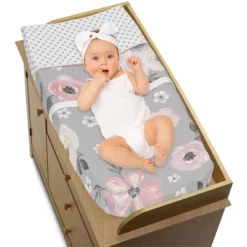 Sweet Jojo Designs Girl Changing Pad Cover Watercolor Floral Grey And Pink