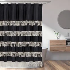 Sweet Jojo Designs Shower Curtain 72in.x72in. Boho Fringe Black And Ivory
