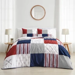 Sweet Jojo Designs Boy Full/Queen Comforter Bedding Set Baseball Patch Red White And Blue 3pc.