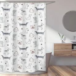 Sweet Jojo Designs Boy, Girl, Unisex/Gender Neutral Shower Curtain 72in.x72in. Cartoon Puppy Grey Taupe And Blue