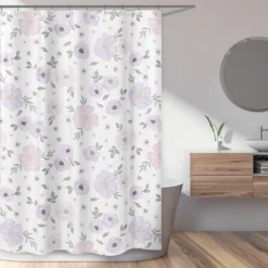 Sweet Jojo Designs Shower Curtain 72in.x72in. Watercolor Floral Purple, Pink And Grey