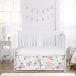 Sweet Jojo Designs Girl Baby Crib Bed Skirt Watercolor Floral Pink Grey And White