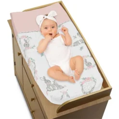 Sweet Jojo Designs Girl Changing Pad Cover Bunny Floral Pink Grey And White