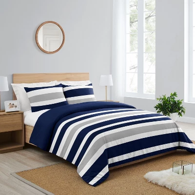 Sweet Jojo Designs Boy Full/Queen Comforter Bedding Set Stripe Blue Grey And White 3pc. 3 Sweet Jojo Designs Boy Full/Queen Comforter Bedding Set Stripe Blue Grey And White 3pc.