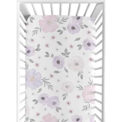 Sweet Jojo Designs Girl Fitted Crib Sheets Set Watercolor Floral Purple Pink And Grey 2pc
